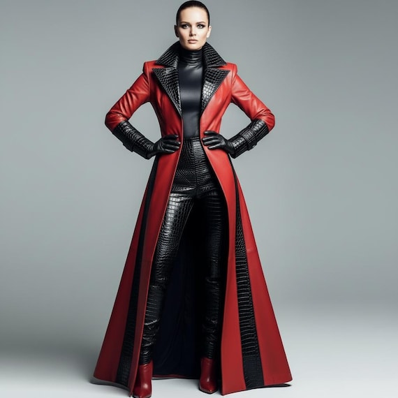 Women Red Leather Trench Coat Outfit, Gothic Leather Coat, Long Leather Coat for Women, Designer Leather Fashion Outfit