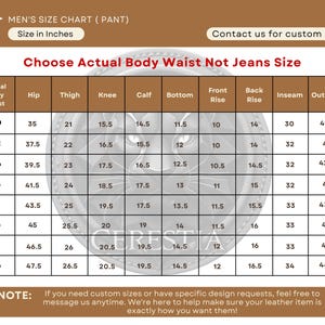 May include: A size chart for pants, with measurements in inches. The chart includes waist, hip, thigh, knee, calf, bottom, front rise, back rise, inseam, and outseam measurements. The text "Choose Actual Body Waist Not Jeans Size" is displayed.