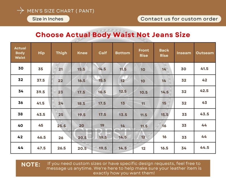 May include: A size chart for pants, with measurements in inches. The chart includes waist, hip, thigh, knee, calf, bottom, front rise, back rise, inseam, and outseam measurements. The text "Choose Actual Body Waist Not Jeans Size" is displayed.