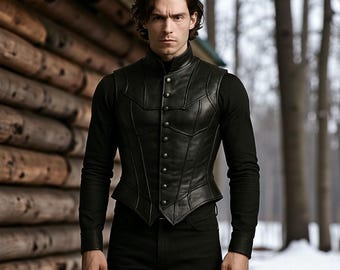 Black Gothic Leather Vest for Men | Steampunk Cosplay Waistcoat | Handmade Custom Size Genuine Leather