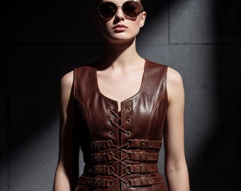 Women's Leather Corset Vest Brown, Lace Up Leather Top, Buckle Waist Corset, Gothic Leather Bodice, Steampunk Outfit