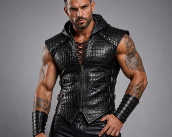 Men Black Crocodile Leather Hooded Vest, Gothic Biker Sleeveless Vest, Lace Up Rockstar Leather Top