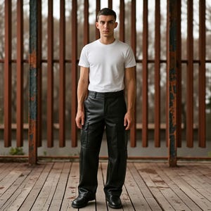 Black Genuine Leather Cargo Pants: Handmade Utility Style Trousers