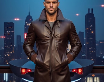 Handmade Genuine Leather Long Coat for Men | Modern Urban Trench Coat | Winter Outerwear