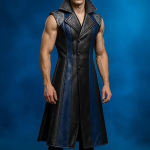 Men’s Black & Midnight Blue Leather Long Vest Coat | Sleeveless Gothic Fantasy Trench | Handmade Cosplay Jacket | Custom Size Available
