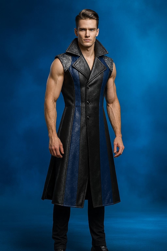 Handmade Black & Midnight Blue Leather Vest: Gothic Sleeveless 