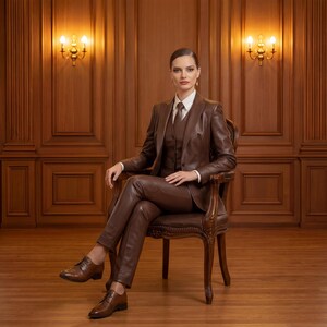 May include: A brown leather suit, including a blazer, vest, and pants, is worn with a white collared shirt and tie. The person is seated in a wooden chair with ornate carvings. Brown leather shoes complete the outfit. The background features wood paneling and sconces.