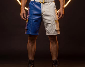 Men's Two Tone Leather Cargo Shorts – Blue and White Patchwork Shorts with Utility Pockets