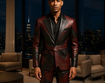 Bespoke Geometric Patchwork Lambskin Leather Suit – Burgundy & Black