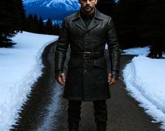 Genuine Leather Urban Combat Trench Coat: Gothic Military Style Overcoat