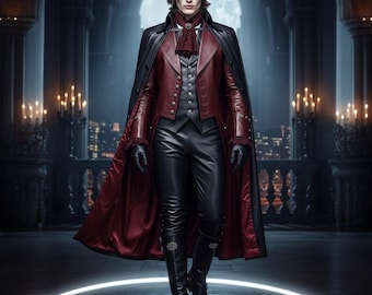 Red Hooded Leather Wizard Coat: Gothic Fantasy Mage Trench