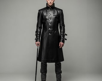 Gothic Genuine Leather Trench Coat: High Collar Steampunk Overcoat