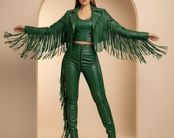 Conjunto de cuero verde con flecos para mujer, chaqueta y pantalón de cuero, traje de cuero con flecos, atuendo de vaquera del oeste, ropa para festivales.