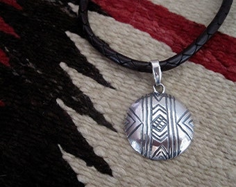 Artisan Southwestern Style Large Round Sterling Silver Pendant (one) - IN STOCK (N)
