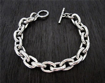 Chunky Rustic Sterling Silver Oval Link Statement Bracelet (8 inches) (N)