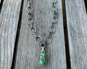 Artisan Sterling Silver Link Necklace with All Natural American Royston Turquoise Pendant (17 3/4 inches)