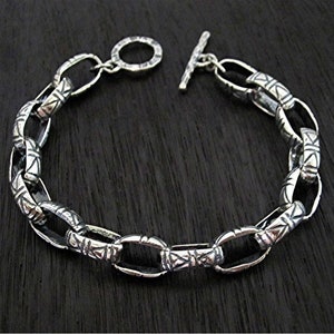 Sterling Silver Artisan Etched Link Statement Bracelet (8 inches) - IN STOCK (N)