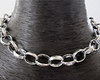 Collar grande ajustable clásico de plata de ley texturizada con eslabones ovalados (16/17 pulgadas) hecho a mano (A)
