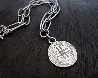 Diamond Accented Spanish Coin Pendant and Link Necklace in Sterling Silver (17 inches)