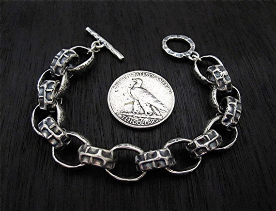 Chunky Textured Artisan Sterling Silver Chain Link Bracelet