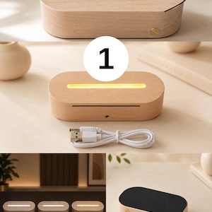 May include: An oval light wood display base with a central slot measuring 9 cm long, 6 cm wide, and 5 mm deep. It features a circular power button, a USB power cable, and three light settings: cool white, neutral white, and warm white light.