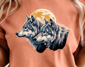 Camiseta con dos cabezas de lobo y luna / Camiseta con gráfico de lobo, ilustración de vida silvestre 1717