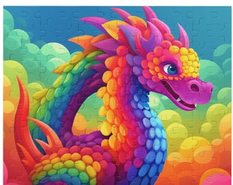 May include: A colorful jigsaw puzzle featuring a vibrant dragon illustration. The dragon is depicted in a rainbow of colors, with a pink snout, blue eyes, and a multi-colored body. The background is a mix of blues, greens, yellows, and oranges.