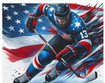 May include: A jigsaw puzzle featuring an illustration of a hockey player in a blue uniform with white stars and the number 13. The background is a stylized American flag in red, white, and blue.