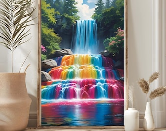 Colorful Waterfall Printable Art, Abstract Colorful Wall Art, Waterfall Illustration Colorful Wall Art, Scenery Art