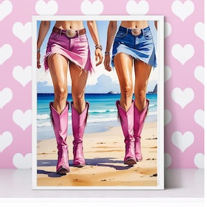 Pink Cowgirl Boots Wall Art, Cowgirl Boots Ocean Coastal, Girly Western Digital Print, Pink Preppy Cowgirl Boots Print