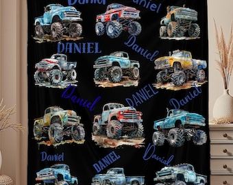 Personalized Vintage Monster Truck Name Blanket Velveteen Microfiber Blanket | Kids Truck Pattern