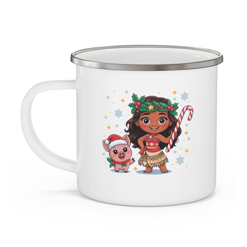 Taza de camping personalizada de esmalte con el personaje de Moana para Navidad / Niña adorable con bastón de caramelo de cerdo, taza infantil para chocolate caliente imagen 4
