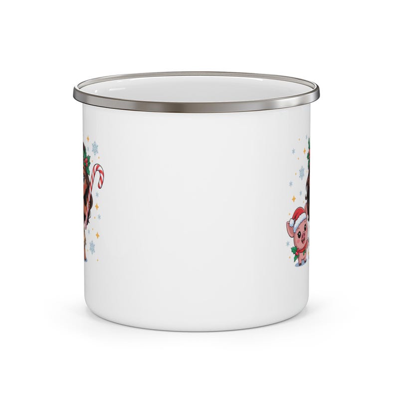Taza de camping personalizada de esmalte con el personaje de Moana para Navidad / Niña adorable con bastón de caramelo de cerdo, taza infantil para chocolate caliente imagen 3