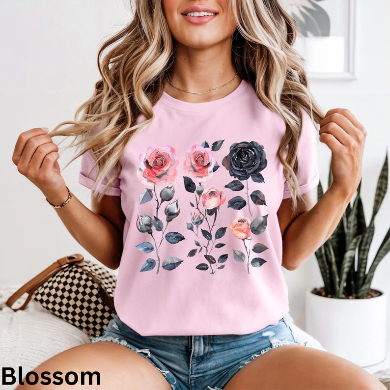 Watercolor Pink and Black Rose Bouquet T-shirt | Pink & Black Floral ...