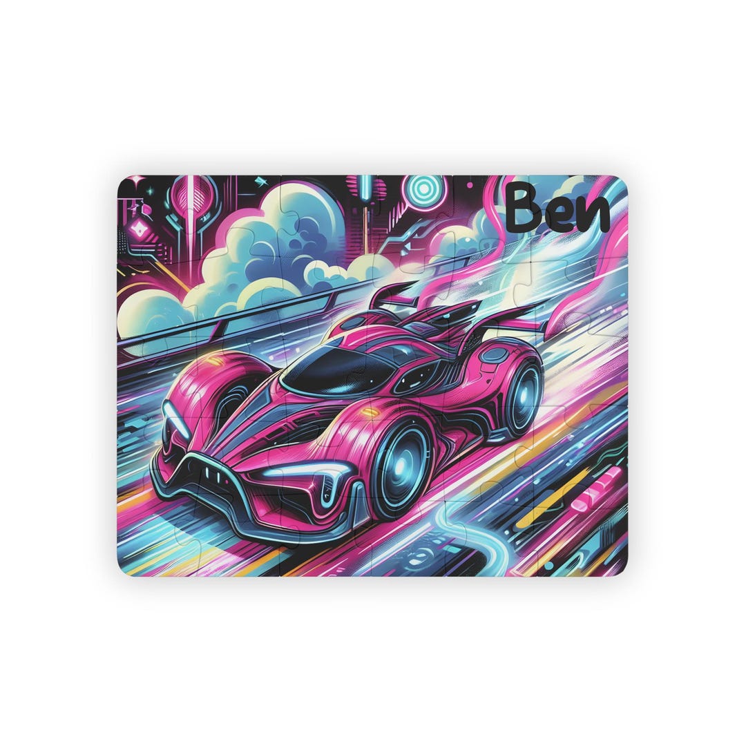 Sticker Puzzle Racing Personalized Neon Racing Car Kids Puzzle | 30-piece Personalized Puzzle ...