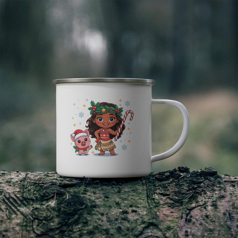 Taza de camping personalizada de esmalte con el personaje de Moana para Navidad / Niña adorable con bastón de caramelo de cerdo, taza infantil para chocolate caliente imagen 5