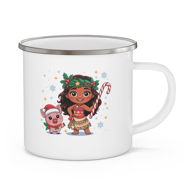 Taza de camping personalizada de esmalte con el personaje de Moana para Navidad / Niña adorable con bastón de caramelo de cerdo, taza infantil para chocolate caliente imagen 2
