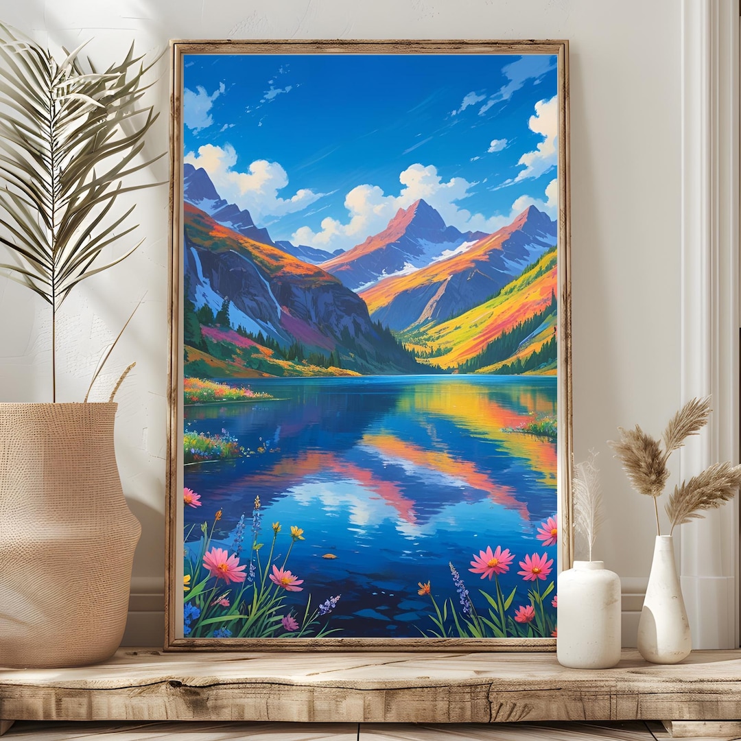 Colorful Mountain Lake Art Print, Abstract Colorful Wall Art ...