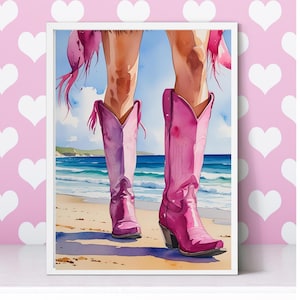 Pink Cowgirl Boots Wall Art, Cowgirl Boots Ocean Coastal, Girly Western Digital Print, Pink Preppy Cowgirl Boots Print
