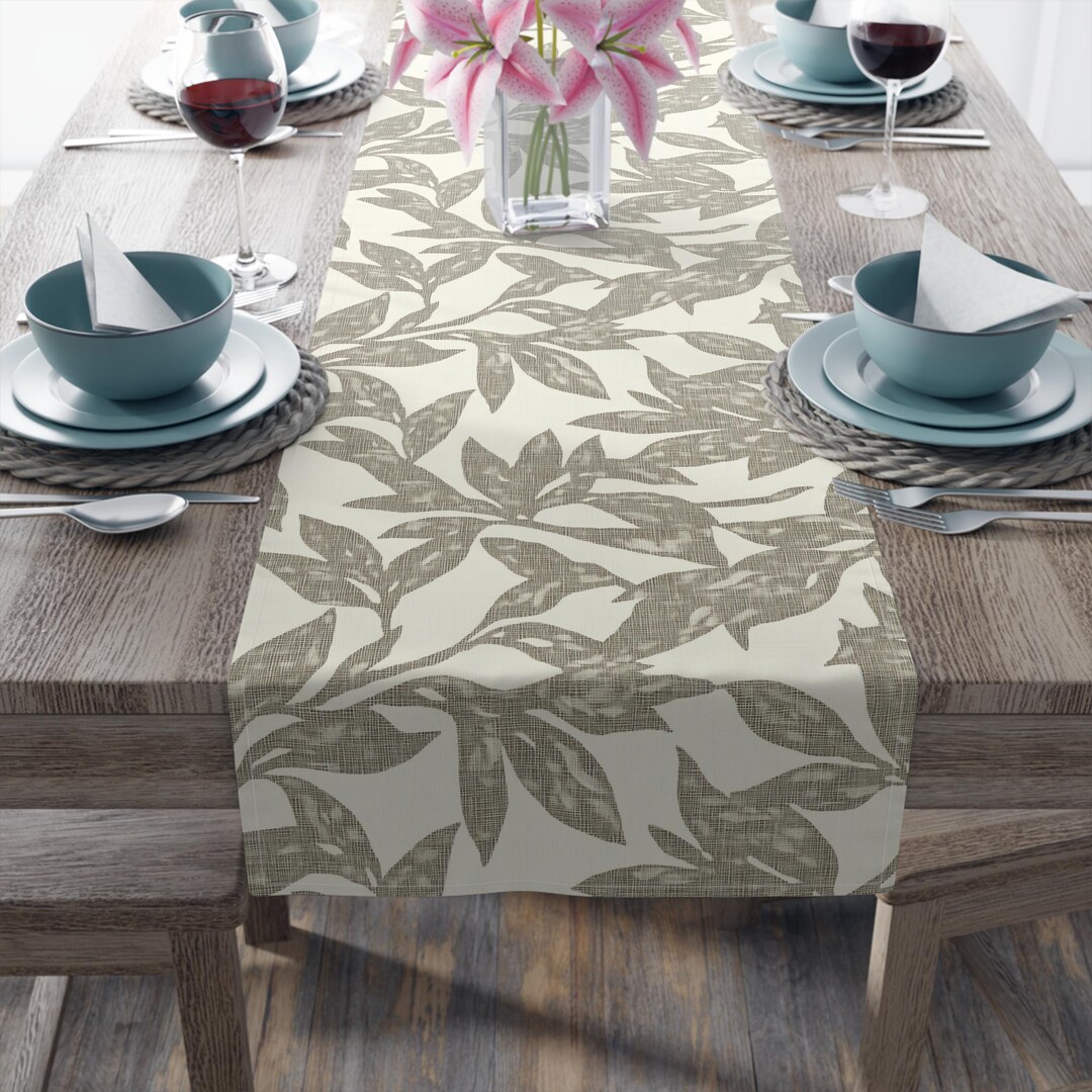 Neutral Leaf Pattern Table Runner | Botanical Linen Cotton Polyester - Etsy
