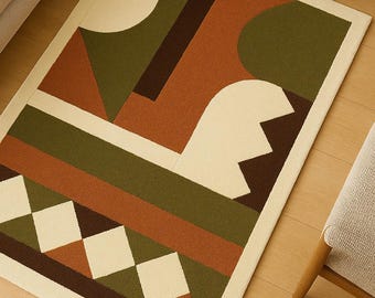 Hand Tufted Wool Rug, Modern Geometric Abstract Carpet, Olive Rust Cream Home Decor
