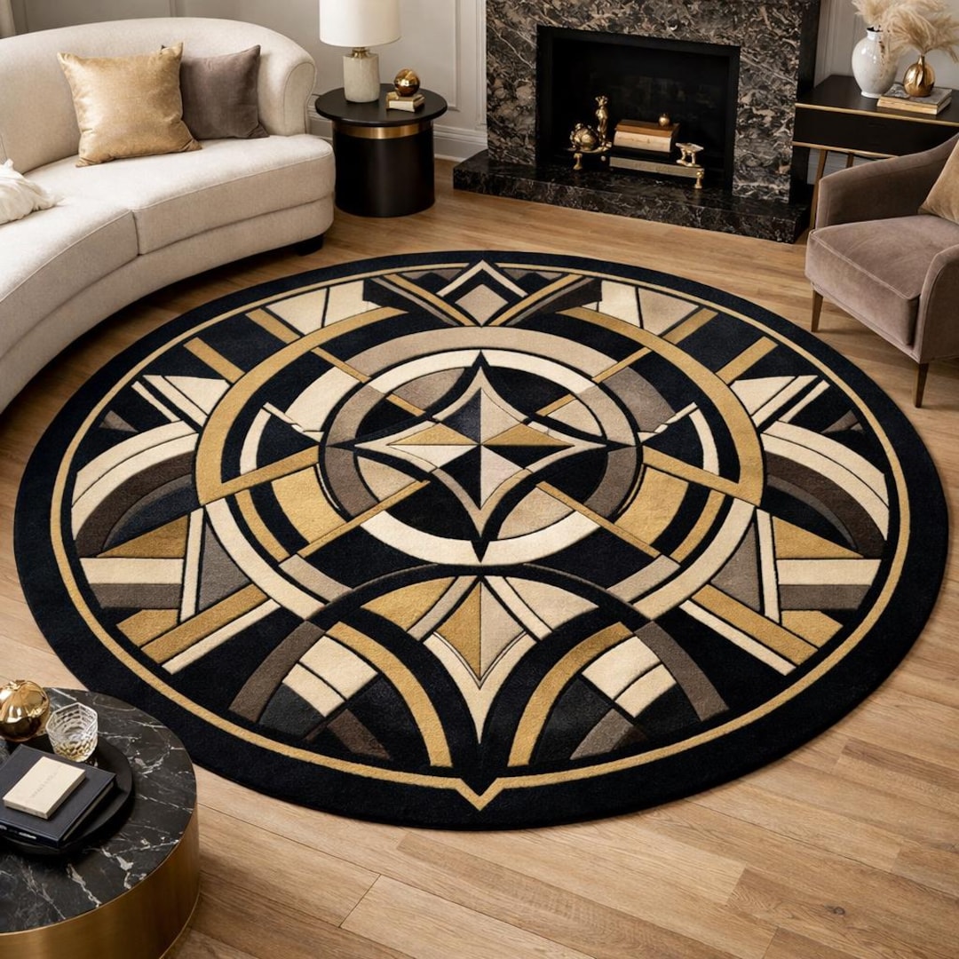 Hand Tufted Wool Round Rug, Geometric Art Deco Carpet, Black Gold Beige ...