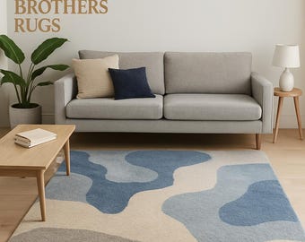 Hand Tufted Wool Abstract Blue Area Rug, Modern Organic Wave Pattern Carpet