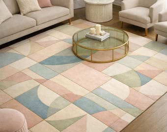 Hand Tufted Wool Geometric Area Rug – Pastel Abstract Living Room Carpet