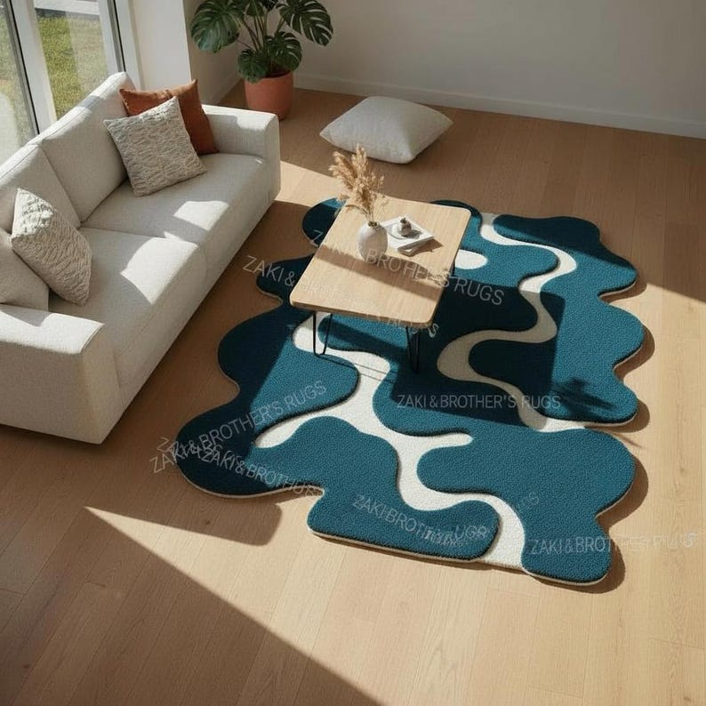 Hand Tufted Wool Rug, Abstract Blue Cream, Irregular Modern Carpet (5x7 ...