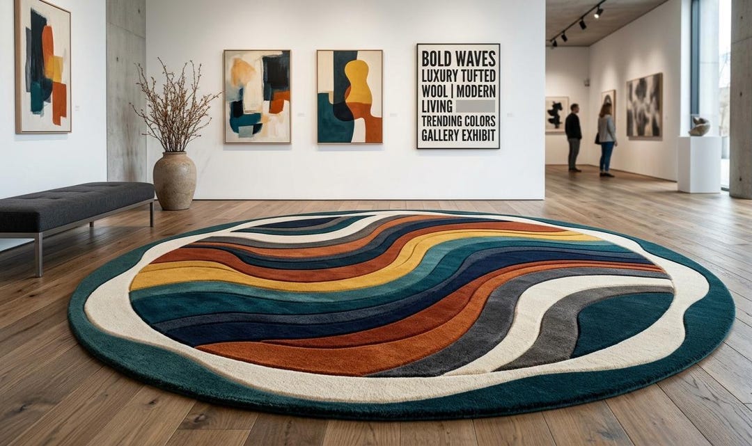 Eclectic Round Wool Rugs Hand Tufted Wool Round Rug, Abstract Wave Circle Rug, Modern Colorful ...