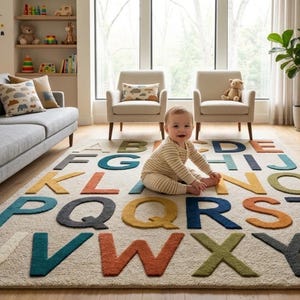 May include: A colorful alphabet rug with large, textured letters in various colors, including blue, orange, and green, dominates the foreground. A baby sits on the rug. The room features a gray sofa, armchairs, and a potted plant.