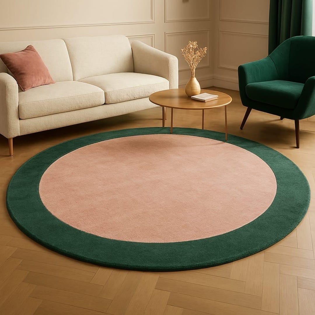 Hand Tufted Wool Round Rug – Blush Pink Center, Emerald Green Border ...