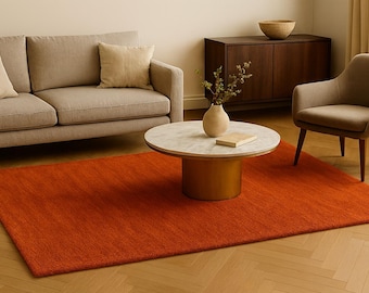 Handgetuft wollen vloerkleed, gebrand oranje massief tapijt, modern minimalistisch decor