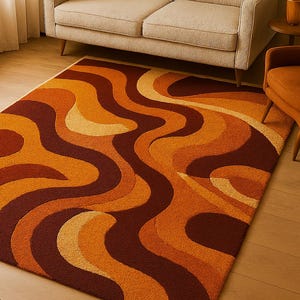 Hand Tufted Wool Rug – Burnt Orange Abstract Wave, Retro 70s Modern Area Carpet